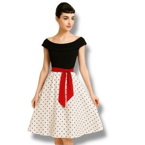 Vintage Nu-Mode Dress Polka Dot Off Shoulder Black White Red 50’s‎ Size S